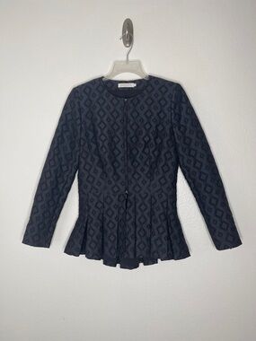 Anne Fontaine Eunice Black Jacquard Pleated Peplum Zip Jacket Size 38 US 6